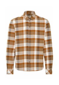 Camisa de cuadros marrón y beige con cuello abotonado, mangas largas y cierre frontal de botones. Presenta patrones de cuadros de diferentes tamaños.