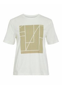 Vit T-shirt i bomull med en geometrisk beige design och linjära accenter. Korta ärmar och rund halsringning.