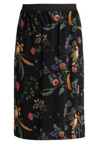 Jupe noire ornée de broderies florales multicolores, taille élastique, longueur jusqu'aux genoux, tissu fluide à la texture douce.