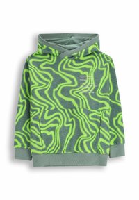 Szara bluza z kapturem z zielonym falistym wzorem. Oferuje przednią kieszeń typu kangur oraz ściągacze rękawów i dolnej części w dopasowanym kolorze.