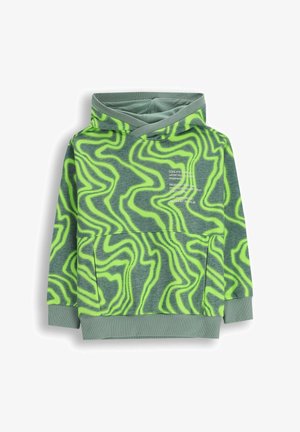 Szara bluza z kapturem z zielonym falistym wzorem. Oferuje przednią kieszeń typu kangur oraz ściągacze rękawów i dolnej części w dopasowanym kolorze.