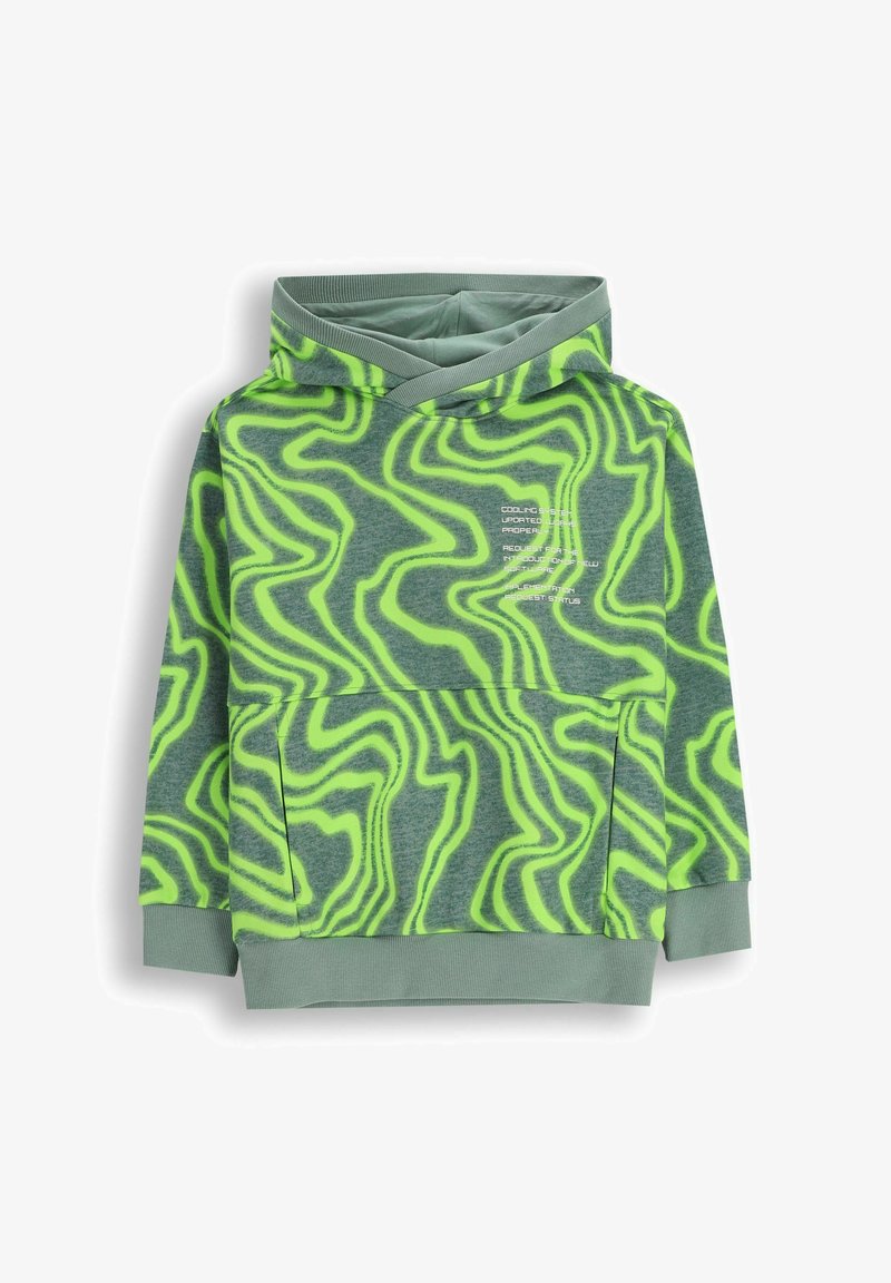 Szara bluza z kapturem z zielonym falistym wzorem. Oferuje przednią kieszeń typu kangur oraz ściągacze rękawów i dolnej części w dopasowanym kolorze.