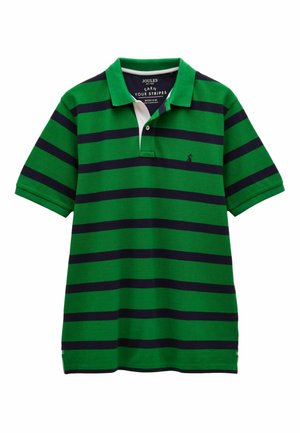 Zöld és tengerész kék csíkos póló ing, gallérral és rövid ujjal. Kicsi logó található a mellrészen, és oldalsó hasíték az alján.