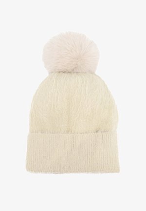 Beanie in maglia color crema con una consistenza morbida e soffice. Presenta un grande pom-pom di colore chiaro sulla parte superiore e un bordo a coste alla base.