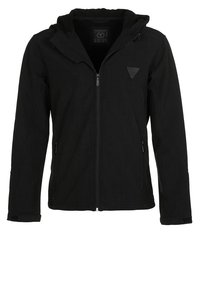 Czarna kurtka z zamkiem z przodu i kapturem. Posiada dwie boczne kieszenie, teksturowany materiał i małe logo na piersi. Slim fit.