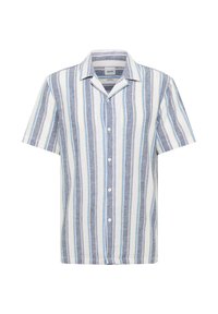 Camisa de botones de manga corta con rayas verticales en azul marino, azul claro y amarillo sobre un fondo blanco, hecha de una tela ligera.