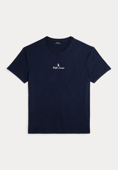 T-shirt de algodão azul-marinho com decote redondo. Apresenta um pequeno logótipo bordado em branco no peito. Mangas curtas e um corte descontraído.