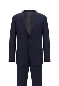 Navy blue suit featuring a notch lapel, two-button closure, and two front pockets. Smooth texture with subtle pattern, partially lined interior.