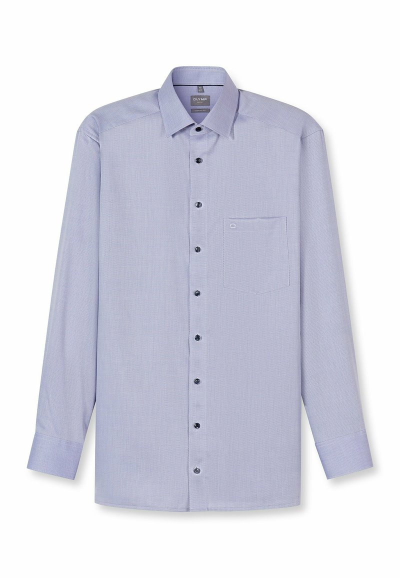 Helles blaues Hemd mit langen Ärmeln, Knopfleiste und Kragen, einer einzelnen Brusttasche und schwarzen Knöpfen auf der Vorderseite.