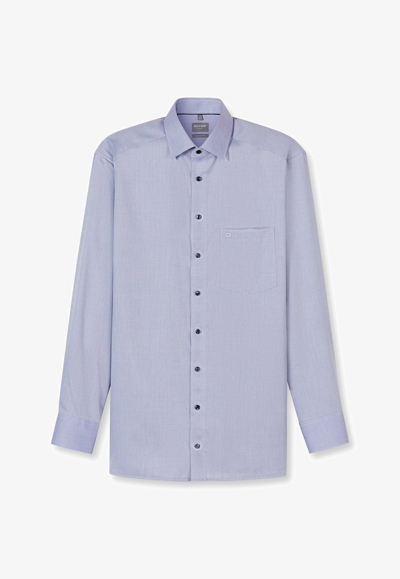 Helles blaues Hemd mit langen Ärmeln, Knopfleiste und Kragen, einer einzelnen Brusttasche und schwarzen Knöpfen auf der Vorderseite.