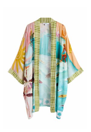 Kimono ușor cu margini dungi verzi, prezentând scene colorate de plajă, surferi, palmieri și motive cu soare pe un design lejer, cu fața deschisă.