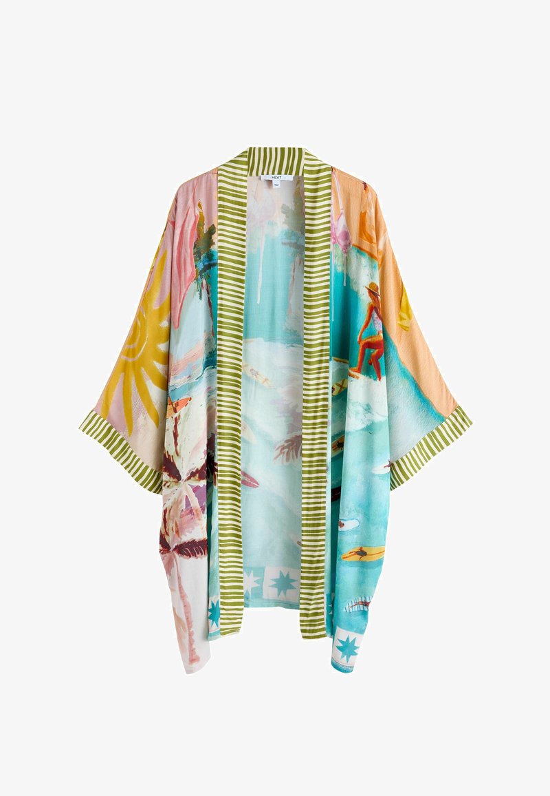 Leichter Kimono mit grün gestreiftem Besatz, der farbenfrohe Strandmotive, Surfer, Palmen und Sonnenmotive auf einem lockeren, offenen Design zeigt.