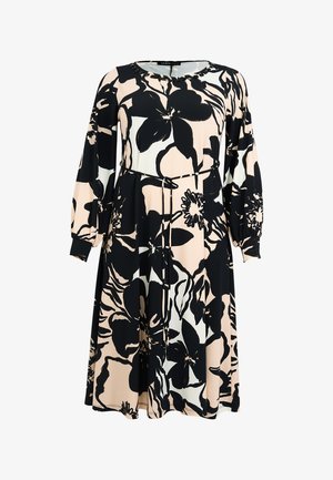 Long-sleeve midi dress with black and beige large floral print, round neckline, elastic cuffs, and thin waist tie belt.