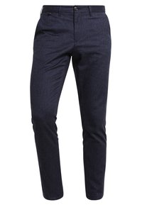 Smal passform mörkblå herrbyxor med knapp- och dragkedjestängning, bälteshällor och sidofickor.