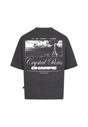 Graues T-Shirt mit kurzen Ärmeln und oversized Schnitt. Features ein schwarz-weißes Grafikdesign des Eiffelturms und den Text: "Crystal Paris CHAMPS" auf der Rückseite.