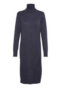 Kevyt, tummansiniinen neulemekko, jossa on korkea kaulus, pitkät hihat, ribbaudet hihansuissa ja suora siluetti, sopii rentoon käyttöön.