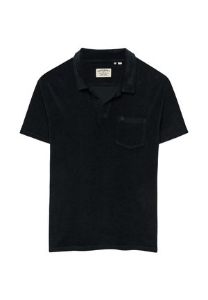 Polo nera a maniche corte con colletto, taschino piccolo sul petto ed etichetta del marchio Superdry all'interno del collo.
