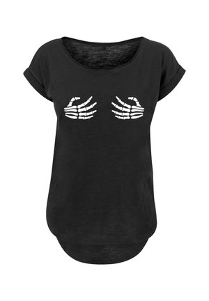 Black short-sleeve shirt with white skeleton hands printed on the chest, positioned as if holding the wearer's breasts.