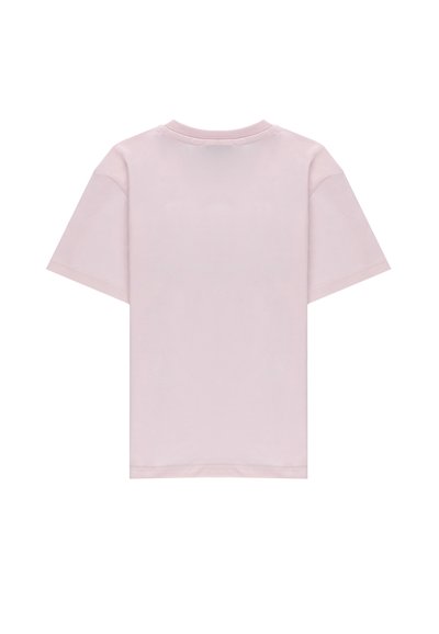 T-shirt à manches courtes de couleur rose clair uni, vu de dos, avec un col rond et un design simple.