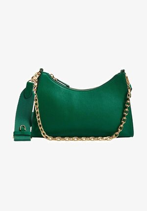 Green leather shoulder bag with a smooth texture, gold chain accents, a zip closure, and an adjustable shoulder strap.