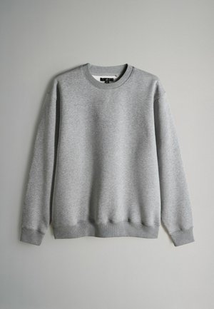 Pilkas džemperis ilgomis rankovėmis, apvalia iškirpte ir ribinėmis rankogaliais. Pagamintas iš minkštos medžiagos, turi lygią tekstūrą ir be matomų raštų.