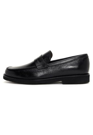 Black leather loafers with a textured finish, rounded toe, and a stitched band across the front. Low flat sole with minimal tread.