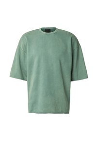 T-shirt oversize à manches courtes de couleur verte douce, confectionné en tissu de coton doux. Il présente un col arrondi et des finitions à ourlet brut.
