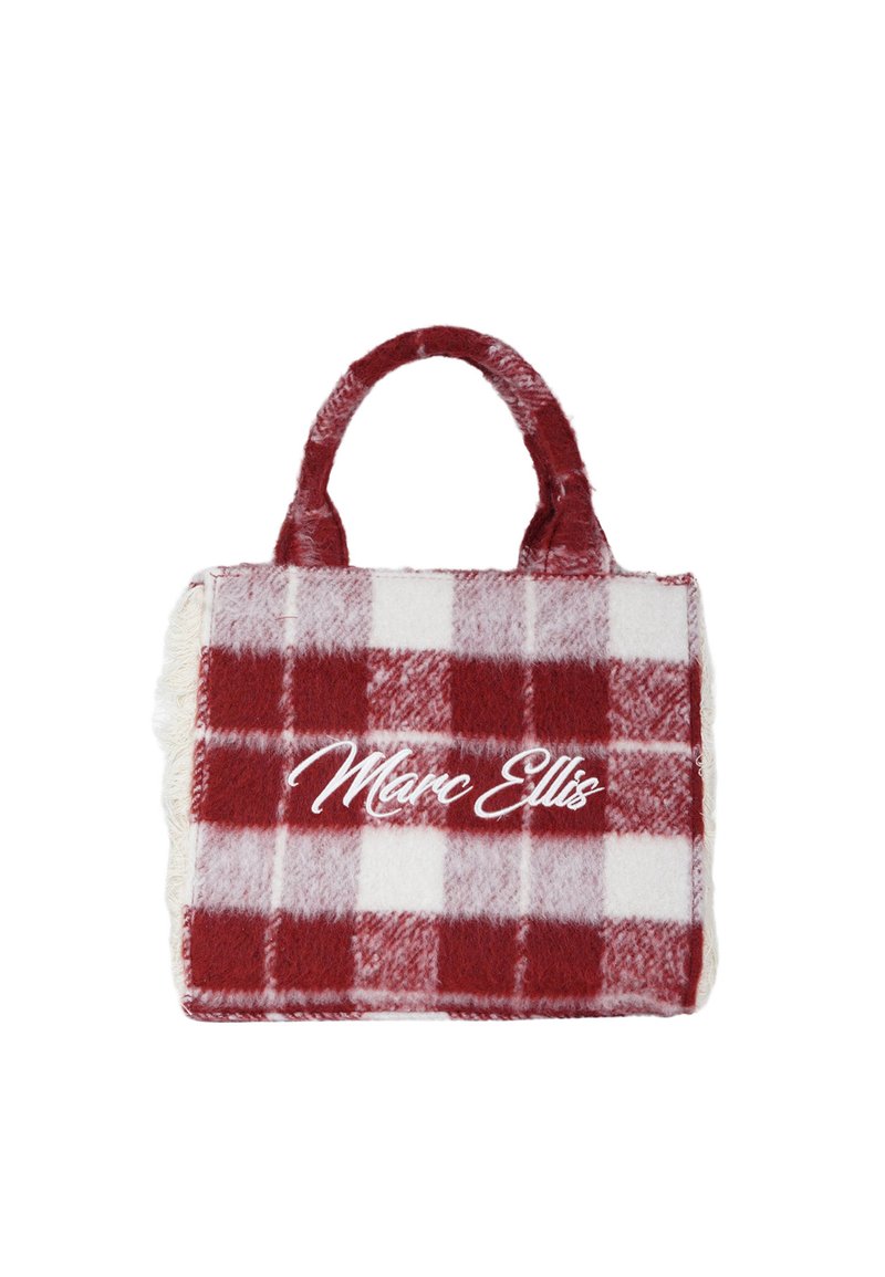 Borsa a quadri rossa e bianca realizzata in tessuto morbido, caratterizzata da una texture soffice e due manici corti. Logo "Marc Ellis" ricamato.