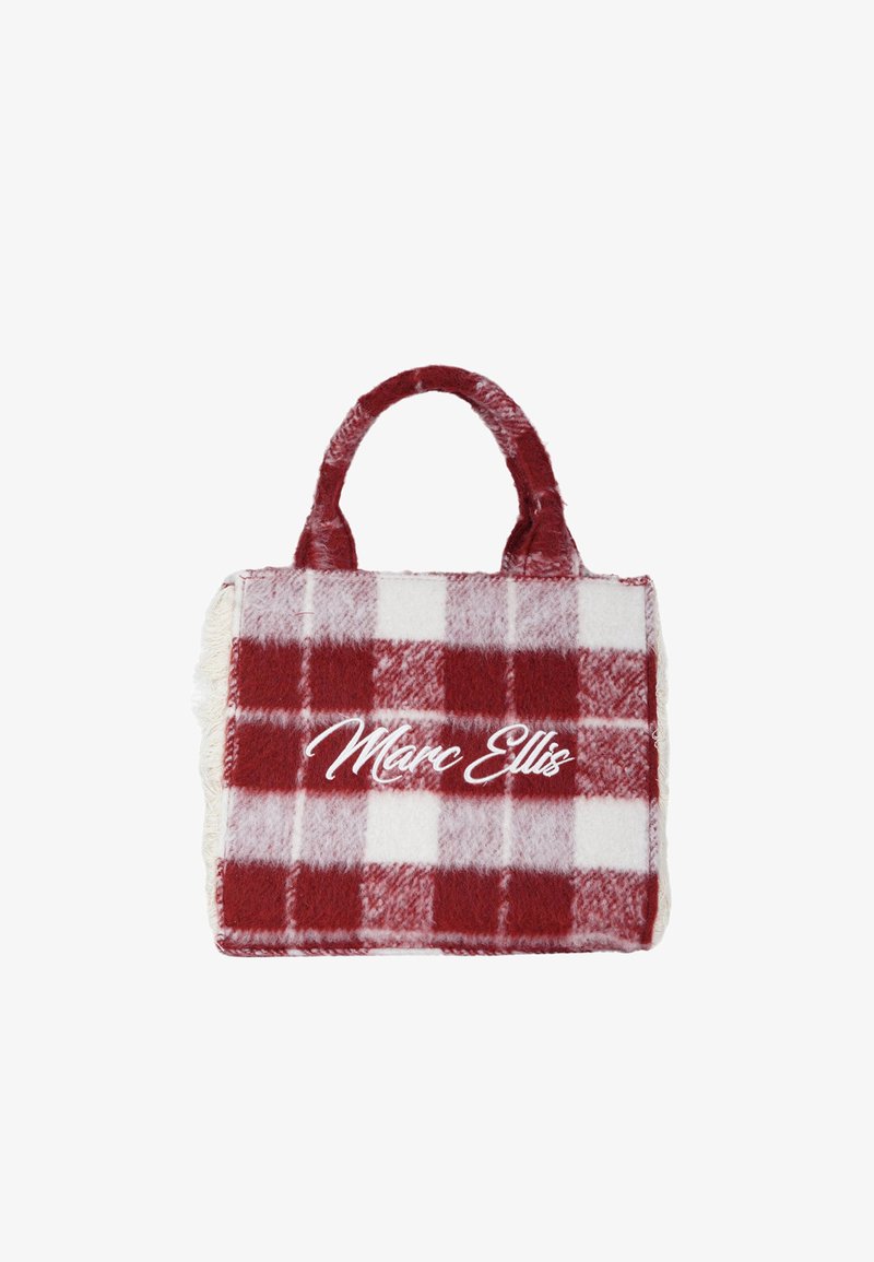 Borsa a quadri rossa e bianca realizzata in tessuto morbido, caratterizzata da una texture soffice e due manici corti. Logo "Marc Ellis" ricamato.