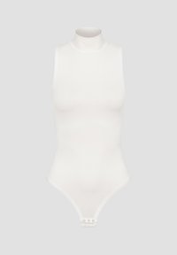 White sleeveless bodysuit with a high neck, made from ribbed fabric, featuring three snap closures at the bottom for secure fitting.