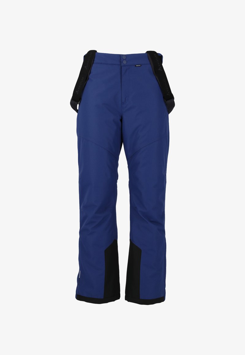 Siniset hiihtohousut mustilla yksityiskohdilla, joissa on säädettävät olkaimet, sileä pinta ja suora lahje.