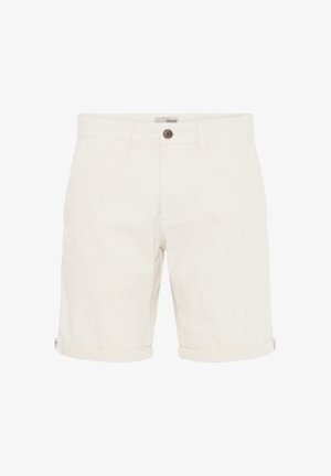 Hvide bomulds-shorts med en struktureret finish, der har en rullet kant, en enkelt knaplukning og frontlommer.