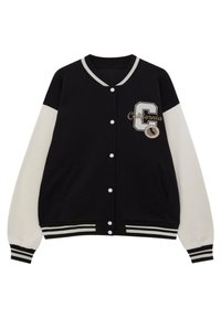 Černo-bílá univerzitní bunda s žebrovanými manžetami, knoflíky, bočními kapsami a nášivkou "California". Design má sportovní siluetu.