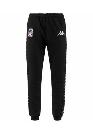 Pantaloni della tuta neri realizzati in un tessuto morbido, con vita elastica, toppe con logo laterali e bande laterali bianche a contrasto con loghi.