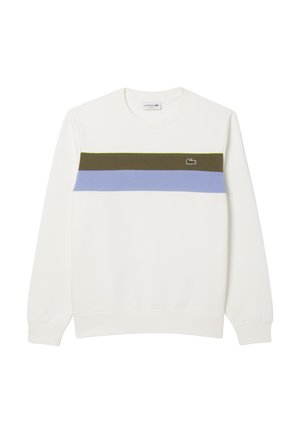 Witte sweatshirt met een ronde hals, voorzien van horizontale strepen in olijfgroen, donkerblauw en lichtblauw, en een klein geborduurd logo.