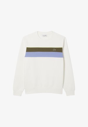 Witte sweatshirt met een ronde hals, voorzien van horizontale strepen in olijfgroen, donkerblauw en lichtblauw, en een klein geborduurd logo.