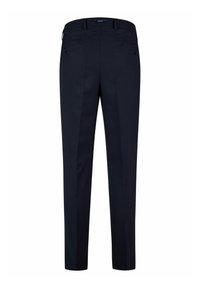 Marineblaue maßgeschneiderte Hose mit glatter Textur, flachem Vorderteil, Gesäßtaschen und einem dezenten Faltenwurf entlang des Beins.