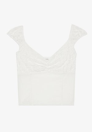 Bela majica z čipkastim zgornjim delom in gladkim spodnjim delom. Ima kratke, ukrivljene rokave in V-izrez.