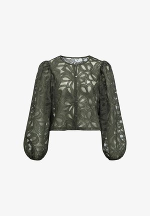 Olive green cropped lace jacket with puffed long sleeves, featuring intricate floral patterns and button closure at the front.