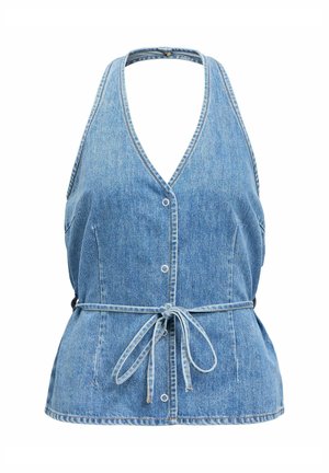Farmer halter top gombos elülső résszel és önmegkötős övvel a deréknál, szabott sziluettel és V-nyakkivágással.