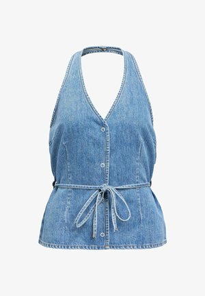 Farmer halter top gombos elülső résszel és önmegkötős övvel a deréknál, szabott sziluettel és V-nyakkivágással.