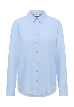 Hellblaues Langarmhemd mit Knopfleiste, spitzem Kragen und Manschetten, Marke "Cecil", auf weißem Hintergrund dargestellt.