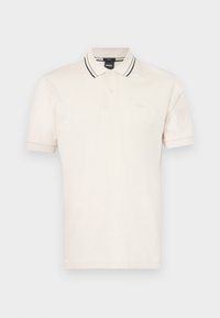Polo shirt in lichtbeige katoen met een twee-knopen knie, geribbelde kraag met zwarte en witte strepen, en subtiele branding op de borst.