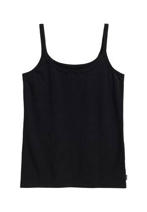 Czarny top na ramiączkach wykonany z gładkiej bawełny, z cienkimi ramiączkami, okrągłym dekoltem i prostym dołem bez zdobień.