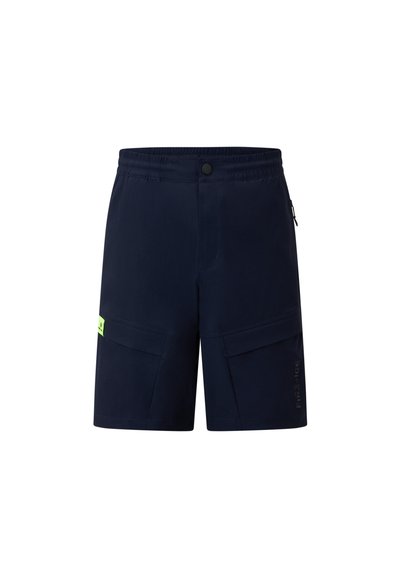 Marineblå cargo-shorts med elastisk talje, to frontlommer, en sidelomme med lynlås og et lille grønt logo på venstre side.