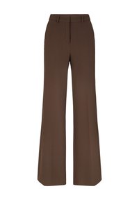Pantalon marron taille haute à jambes larges avec passants pour ceinture, poches latérales et fermeture éclair et bouton dissimulés à l'avant.