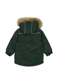 Zelená parka bunda s umelým kožuchom na kapucni, elastickými manžetami a bielym akcentovým prešitím. Na zadnej strane sa nachádza hnedý logo nášivka.