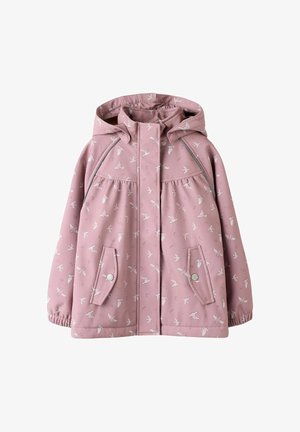 Giacca impermeabile rosa chiaro con cappuccio, caratterizzata da un motivo di uccelli, due tasche anteriori, polsini elastici e dettagli riflettenti.