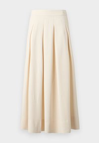 Μίντι φούστα σε κρεμ χρώμα με πιέτες, ψηλή ζώνη μέσης και λεπτή λεπτομέρεια λογότυπου στο πάνω δεξί μέρος.