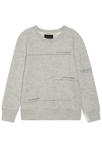 Felpa grigia con maniche lunghe, scollo rotondo e dettagli di testo stampati. Presenta accenti mint sottili sui bordi delle maniche. Tessuto morbido.